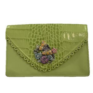 Brighton Leather Butterfly & Floral Appliqué Jewel Leather Wallet  Clutch Green